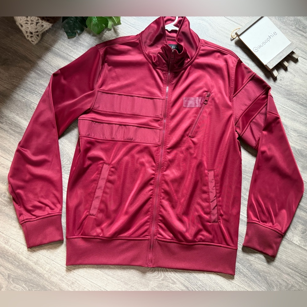Marc Eckō Cut & Sew Burgundy Stripe Panel Track Jacket - Casual Zip-Up Size L